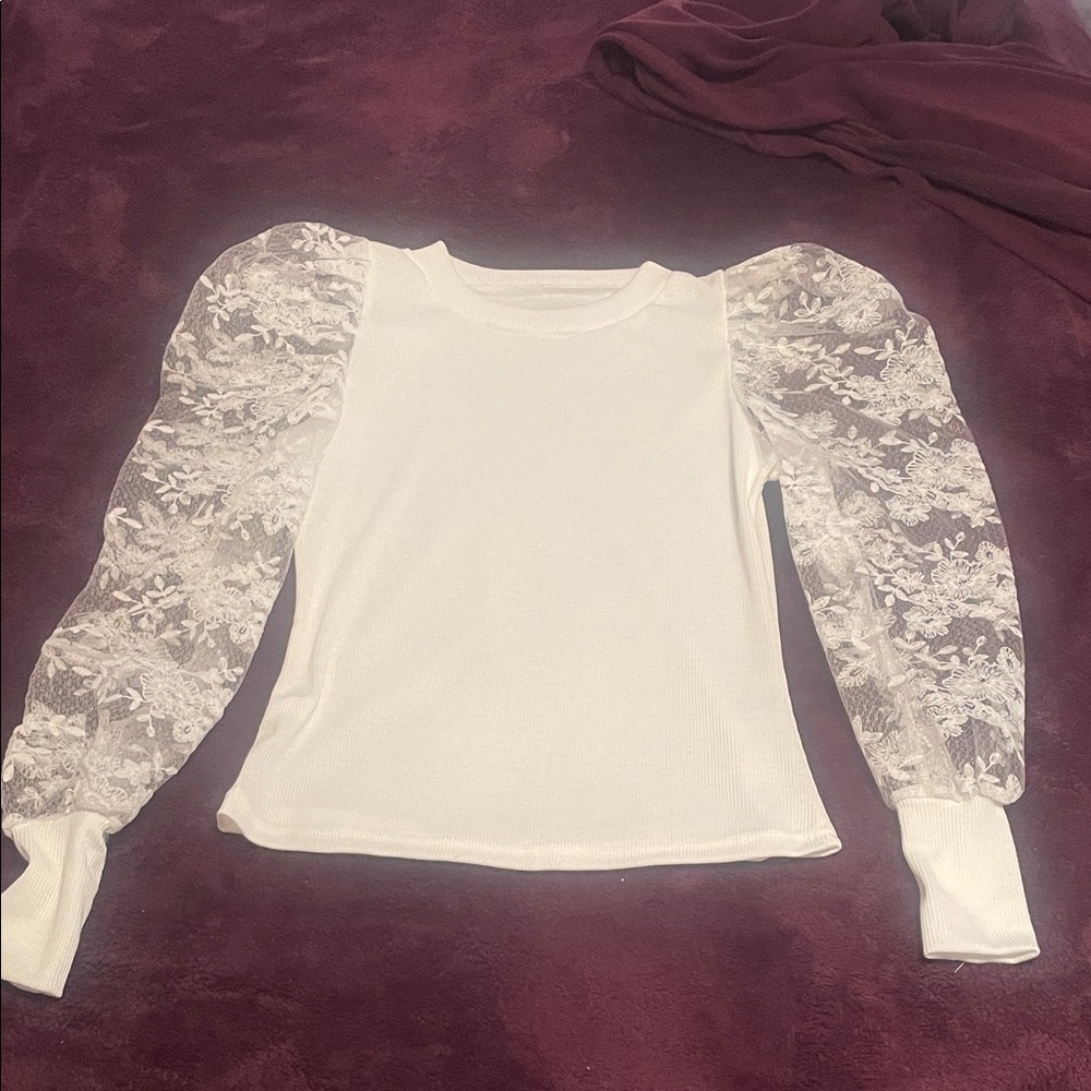 SHEIN White Lace Puff Sleeve Blouse